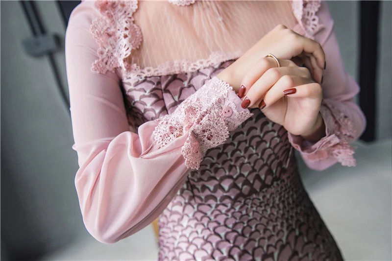 SMTHMA/жаккардовое платье; коллекция года; Vestido; весеннее кружевное винтажное модное розовое платье принцессы в стиле пэчворк с оборками и длинными рукавами