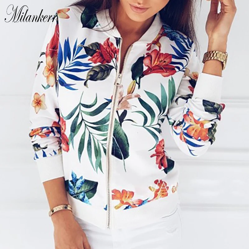 New Women Ribbed Trim Flower Print Bomber Jacket Female Autumn Fashion Long Sleeve Casual Tops Zipper Outwear Loose | Женская одежда