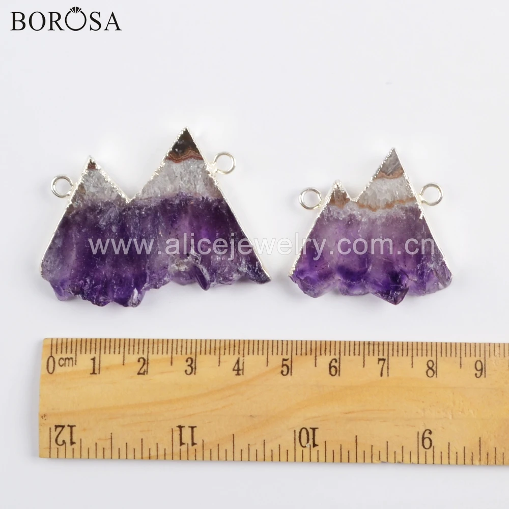 

BOROSA 5PCS Silver Color Natural Style Amethysts Slice Connectors Crystal Druzy Double Charms for Necklace as Gifts WX1069