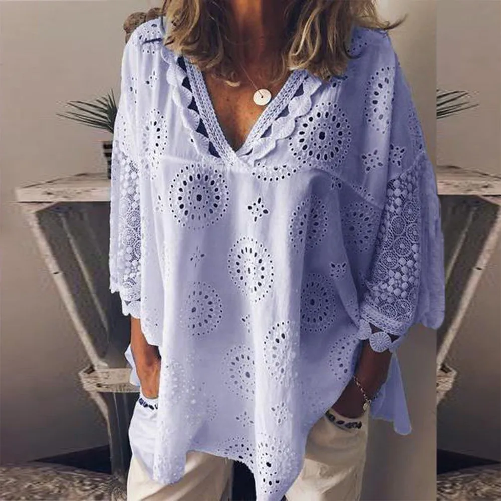 Casual Lace Hollow Out Blouse Women 2019 Summer V Neck Long Sleeve Tunic Solid Cotton Female Blusas Shirts Plus Size 5XL | Женская