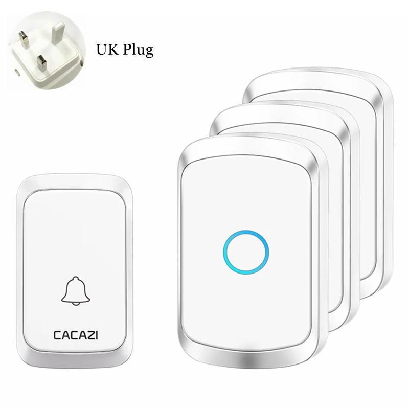 white 1x3 UK CACAZI, умный водонепроницаемый беспроводной дверной звонок, 1 кнопка, 3 приемника, США, ЕС, Великобритания, AU, штекер, домашний светодиодный светильник, батарея, звонок, колокольчик - Цвет: white 1x3 UK