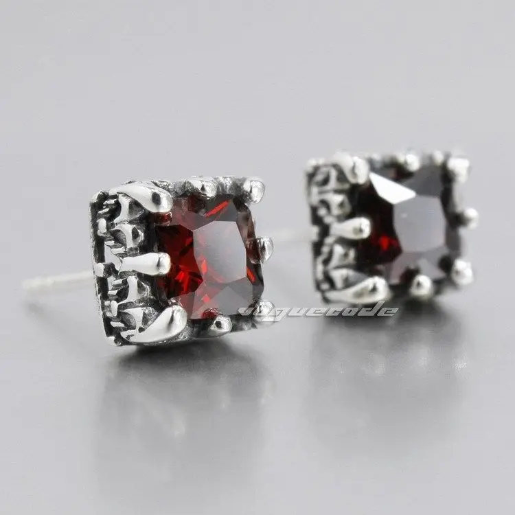 

925 Sterling Silver Square Red CZ Mens Biker Rocker Stud Earring 8R001