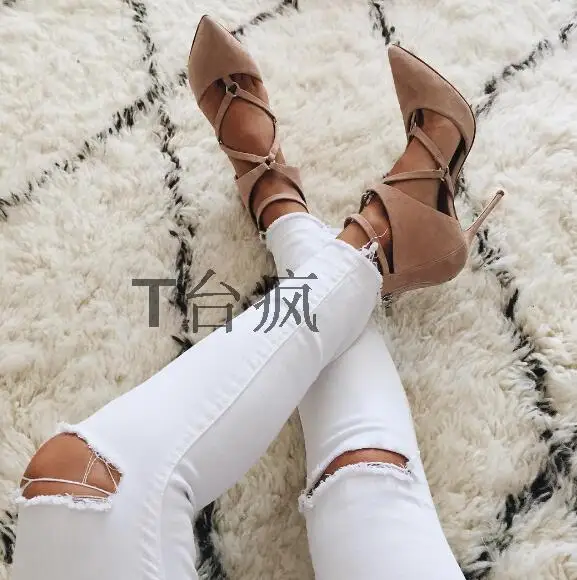 

Designer pointed toe crisscross strap high heel women pumps fashion cutouts suede stiletto heels free shipping size 34 to 42