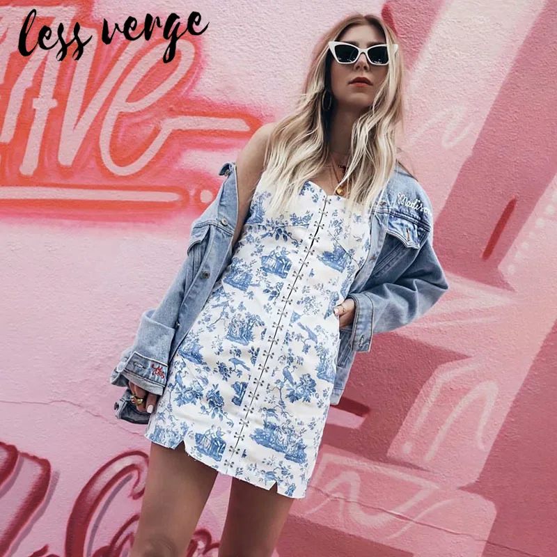 Lessverge бело-голубое китайское платье с цветочным принтом сексуальное мини-платье