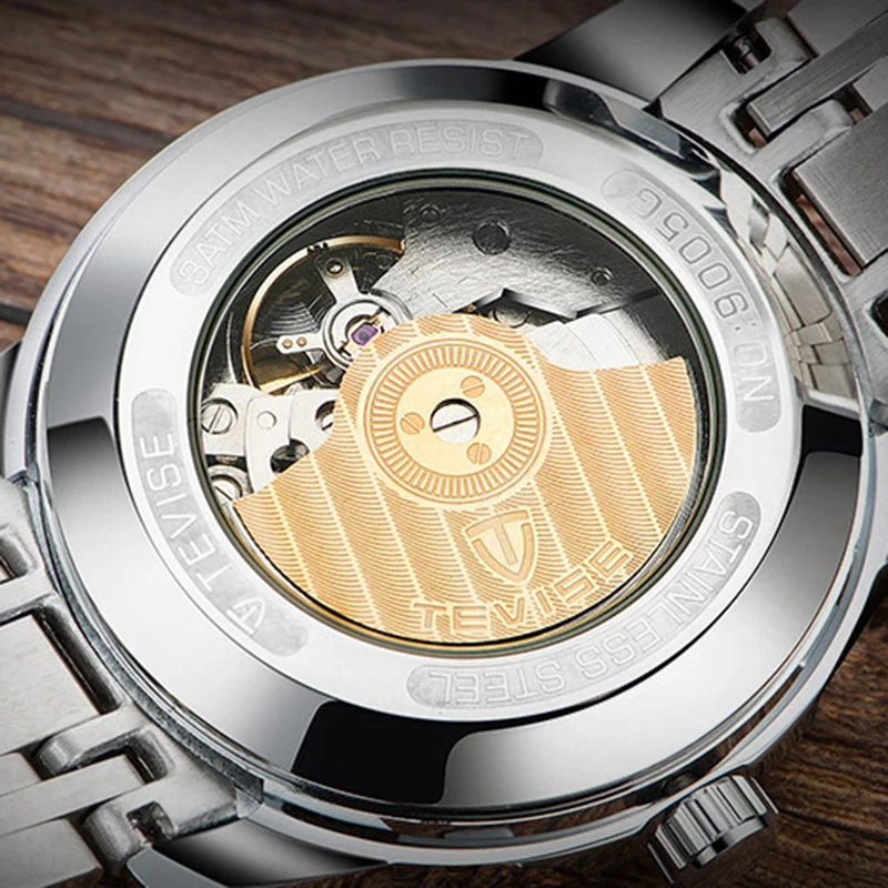 Мужские автоматические часы TEVISE черные нержавеющая сталь Авто Дата модные