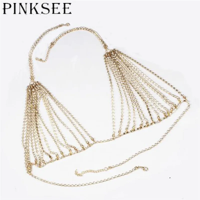 Цепочка для тела PINKSEE Стразы с кисточками сексуальные пляжные золотистые