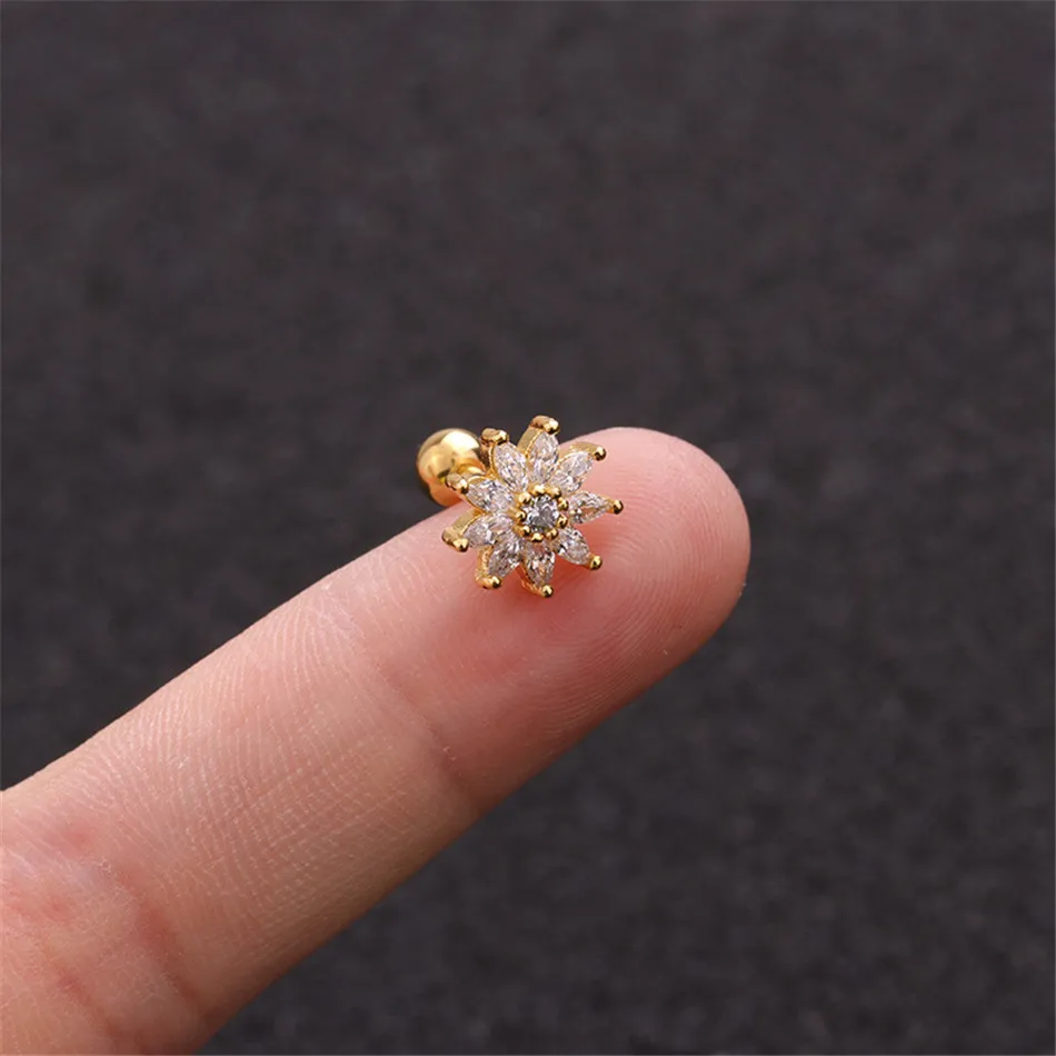 Colorful Crystal Flower Piercing Helix Ear Tragus Cartilage Piercing Oreja Earring Ear Stud Helix Sexy Body Piercing Jewelry