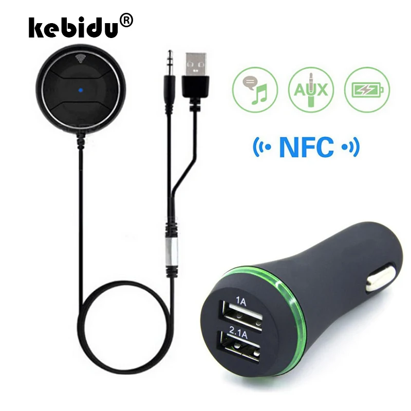 

Kebidu 3,5 мм Bluetooth 4,0 Громкая связь стерео автомобильный NFC AUX комплект музыка Aux динамик автомобильный комплект с 2.1A двойной USB Автомобильное зар...
