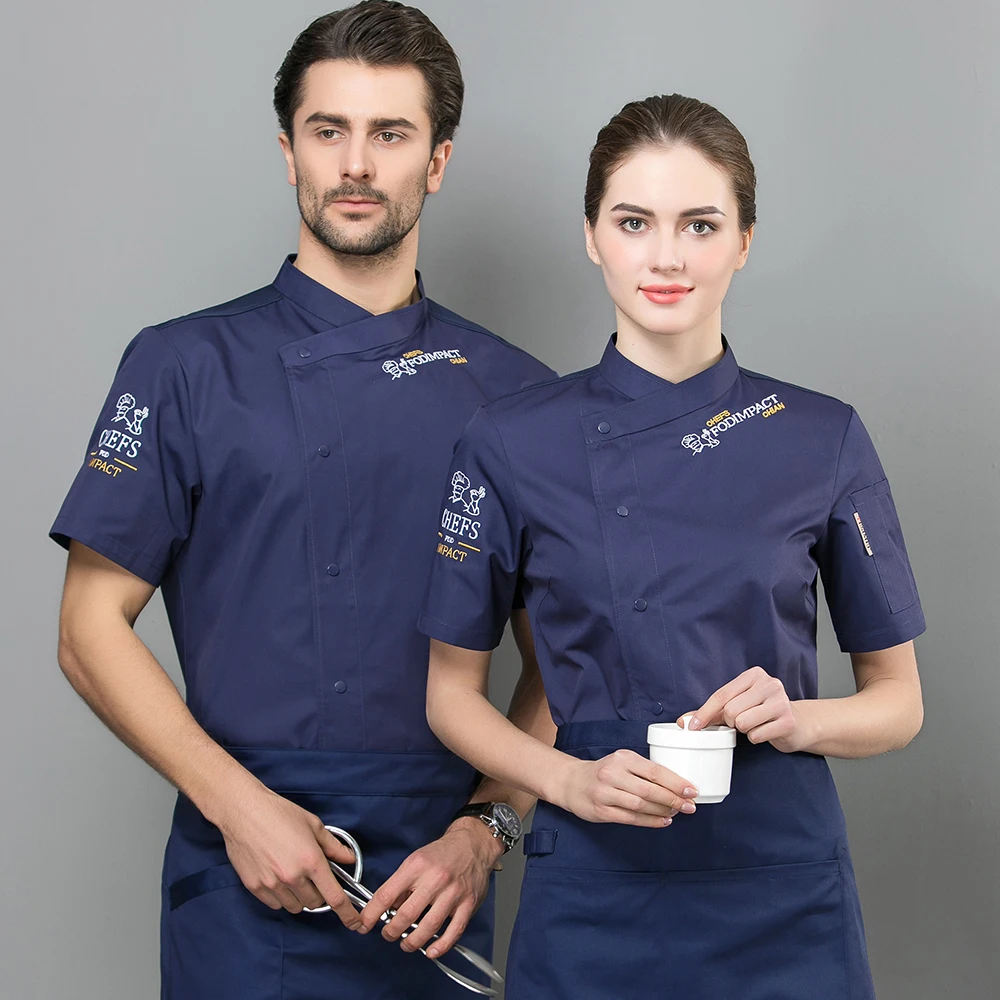 Blue Унисекс, униформа повара, топы, короткий рукав, для кухни, рабочая одежда, официант, официантка, одежда для выпечки, питание, отель, ресторан, Комбинезоны - Цвет: Blue