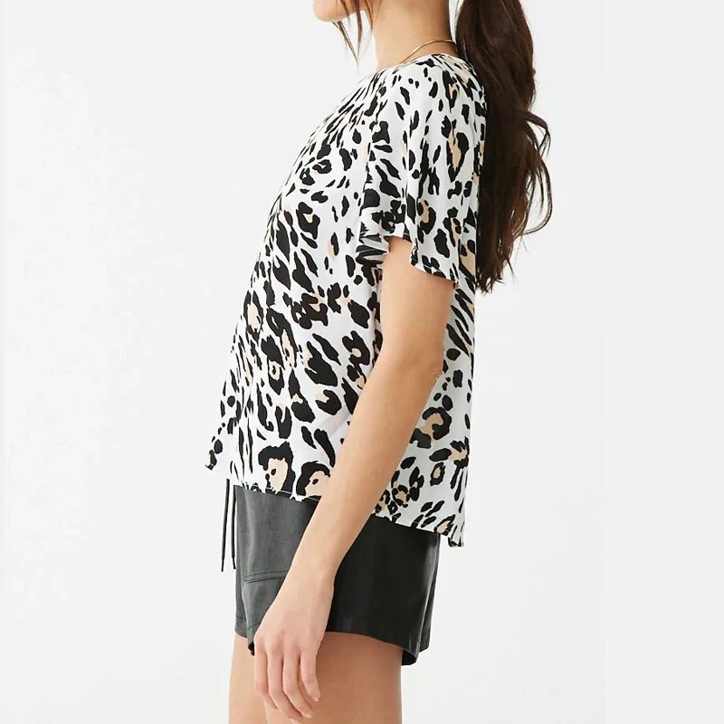 HiloRill Blouse Women 2021 Summer Short Sleeve O-Neck Blouses Vintage Leopard Print Office Ladies Tops Shirts Camisas Mujer | Женская
