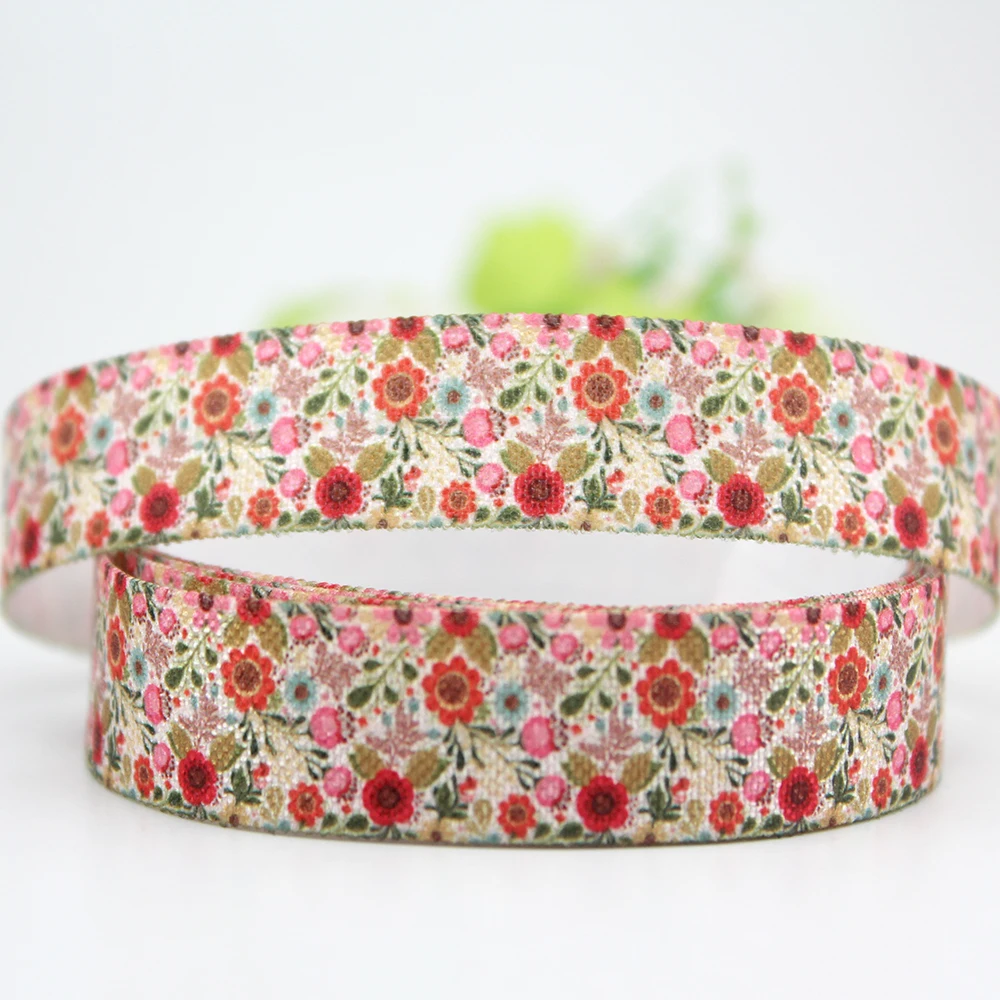 

Free shipping 16mm flower fold over printed elastic foe ribbon 10 yards 5/8" DIY flowers stretch handmade hair band ribbons