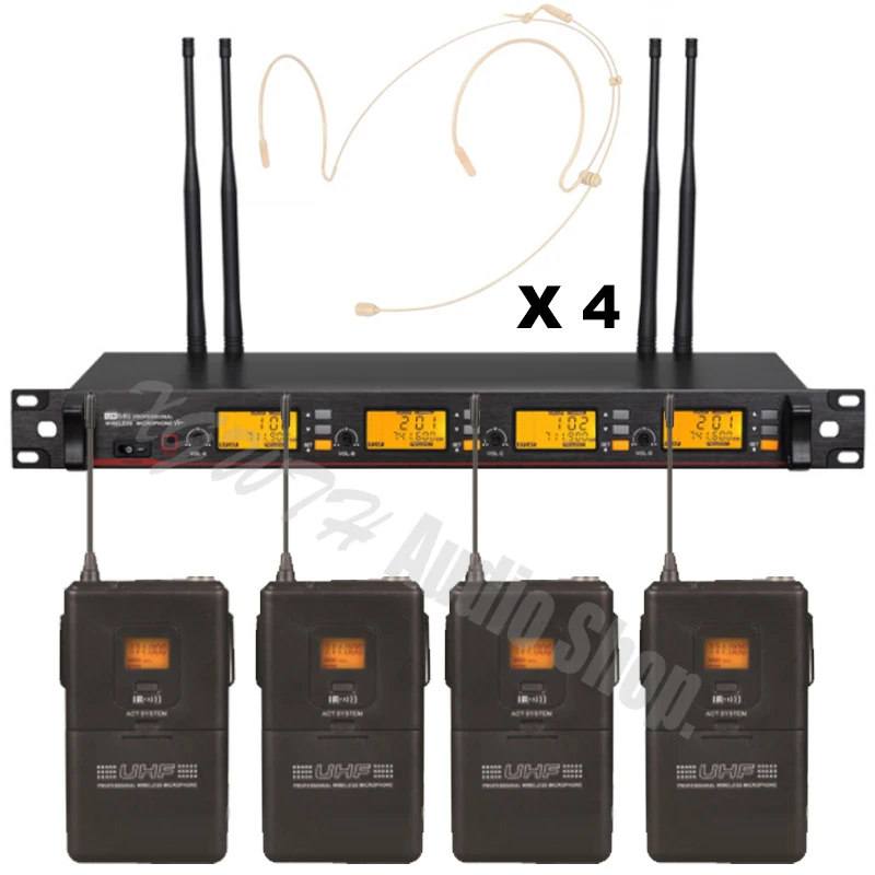저렴한 UHF 무선 마이크 시스템 4 베이지 스킨 헤드 착용 유선 후크 헤드셋 무선 마이크 마이크 수신기 포함
