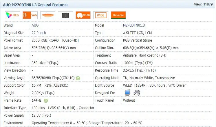 ЖК-дисплей экран M270Q002 M270DTN01.0 M270DTN01.3 M270DTN01.5 2 K 144 Гц для DELL S2718D S2716DG Asus MG278 игровой монитор