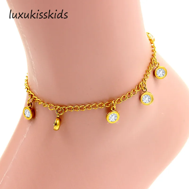 LUXUKISSKIDS новейший модный ножной браслет ювелирные изделия круглый цветной кристалл горный хрусталь ножной браслет из нержавеющей стали золотой ножной браслет