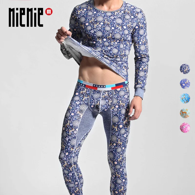 

New Fashion Men's Long Johns Thermal Underwear Flower Deer Print Cotton Warm O-Neck Undershirts 1 Set=Top+Pants