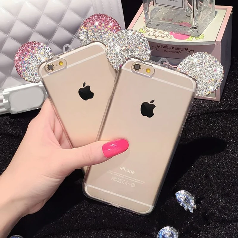 Новые моды 3D Микки Маус Для iPhone 7 6 S 4.7 дюймов Горный Хрусталь уши Мягкий