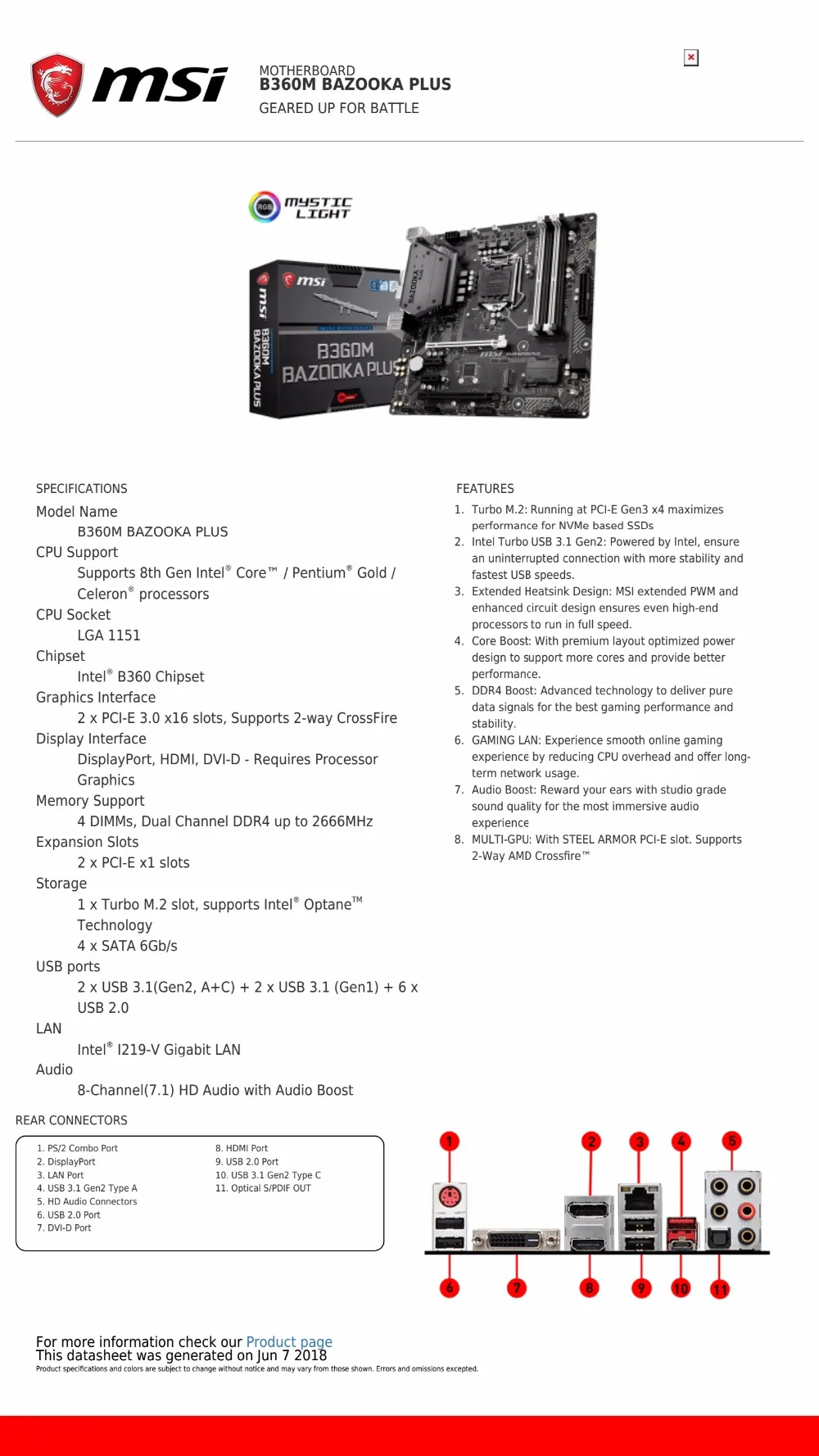 Новая MSI B360M BAZOOKA PLUS оригинальная материнская плата LGA 1151 DDR4 USB2.0 USB3.1 DVI HDMI 64 Гб B360 настольная материнская плата