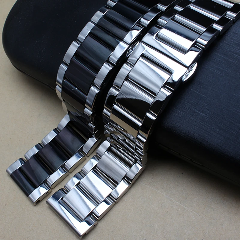 

Polished metal black silver Watchband 18 19 20mm 22mm 24mm Stainless Steel Watch Band Strap Mens Bracelet Replacement Solid Link