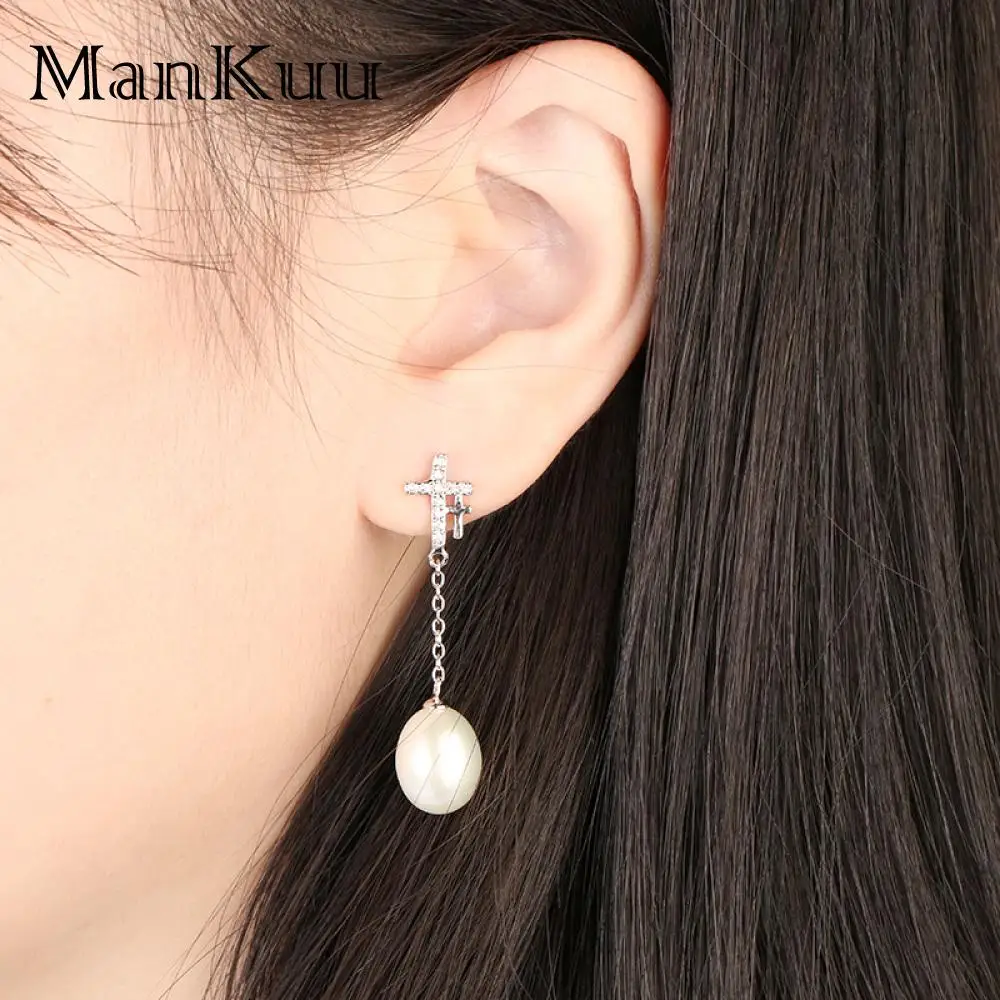 

10-11 mm Natural Oval Freshwater Pearl Earrings Diamond Cross Drop Dangle Earrings 925 Sterling Silver Long Earrings For Women