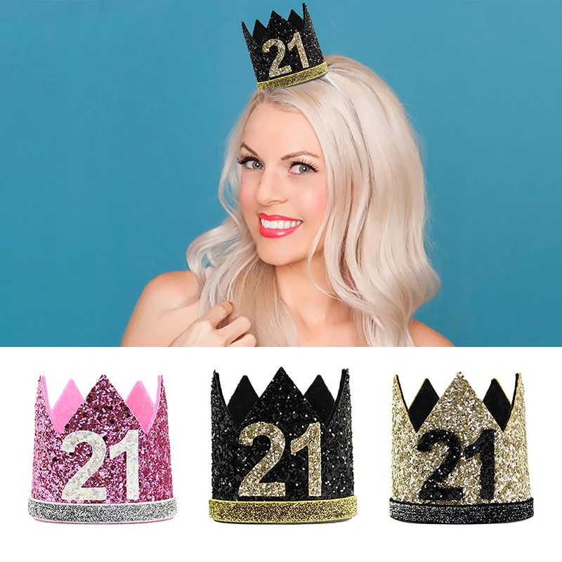 Beauty Girl 21st Birthday Hat Gold Balck Pink Priness Crown Number 21 Years Old Party Hats Glitter Queen Headband|Шляпы для