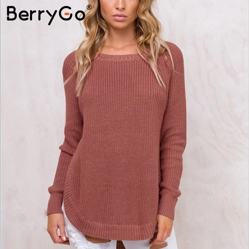 BerryGo Casual streetwear autumn winter sweater women 2017 elegant warm jumper pull femme Fashion side split knitting pullover | Женская