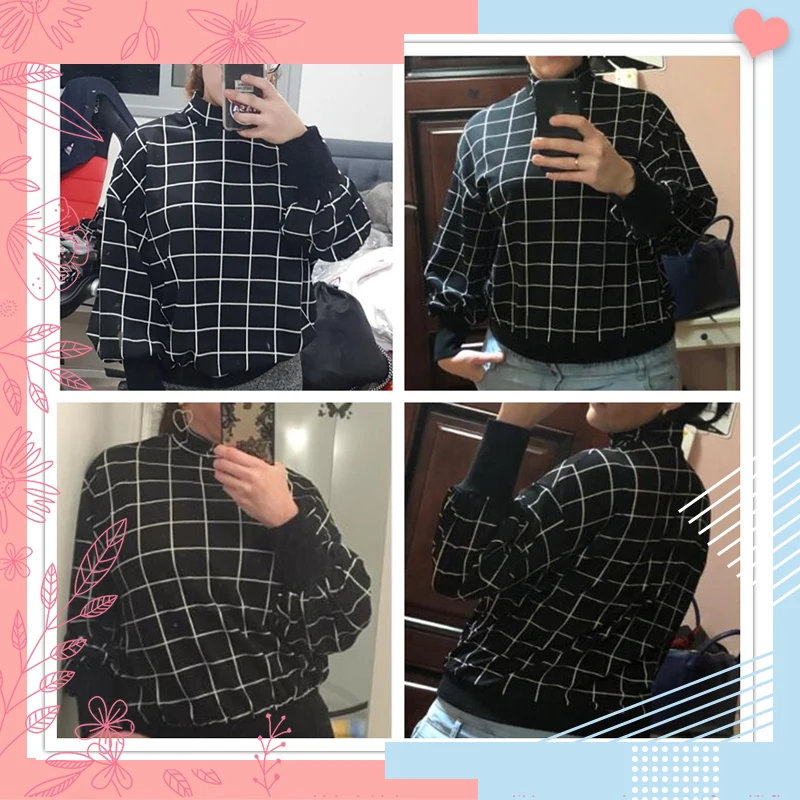 Dotfashion, черный и белый клетчатый пуловер с воротником-стойкой, женская одежда, осень, женская модная одежда, повседневная толстовка