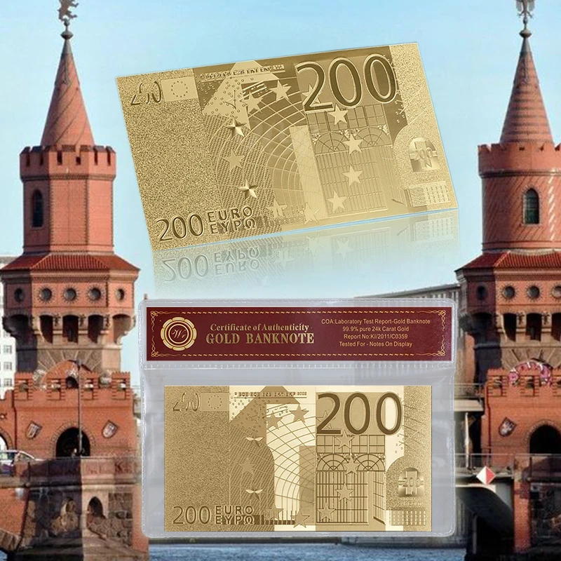 Евро Обычная Золотая фольга золото банкноты сапоги в Европейском стиле, банкнотной 200 евро с держатель из ПВХ