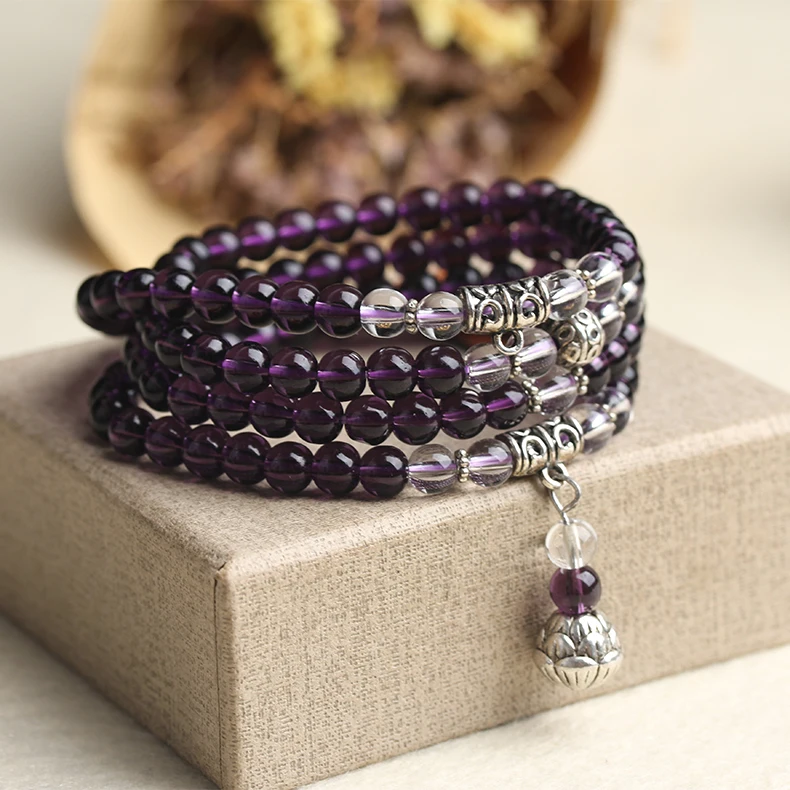 New Fashion 6mm compose Purple Crystal Beads Buddha Prayer Bracelet for Girls Gift Best Friends Drop Shipping | Украшения и