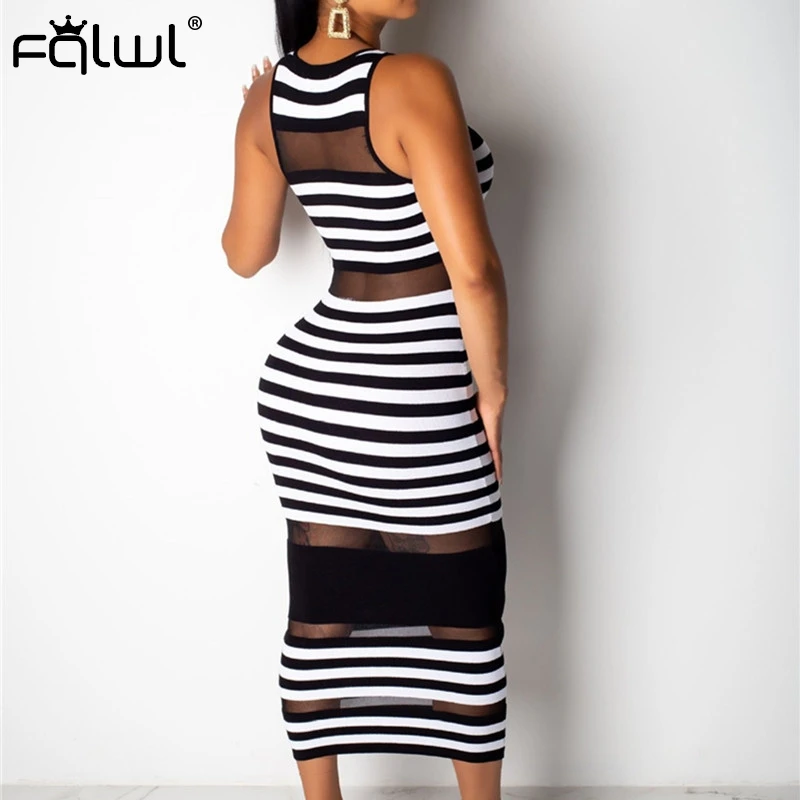 Женское Сетчатое платье в зеленую полоску FQLWL летнее облегающее прозрачное Макси