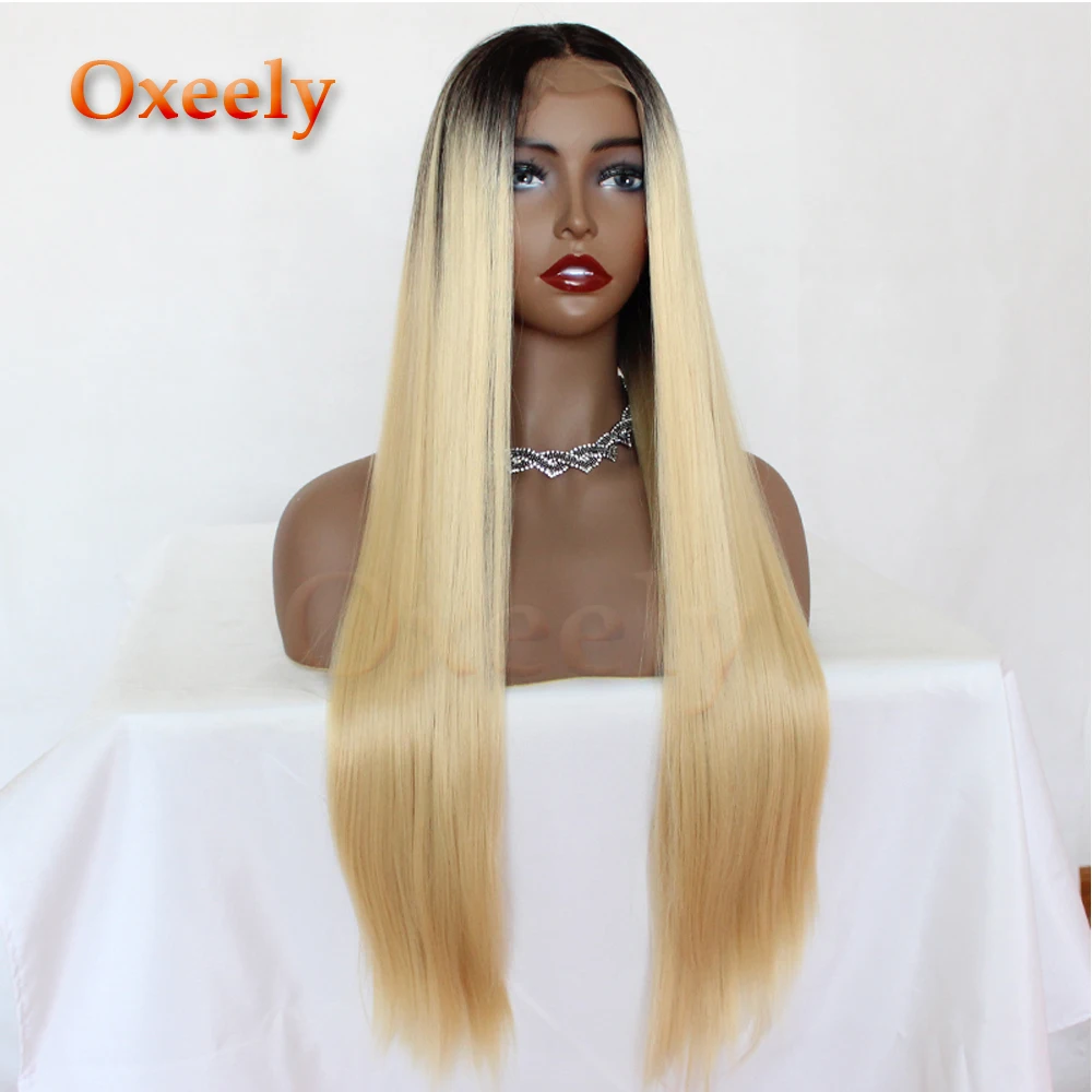 Oxeely прямой блонд синтетический парик с кружевом спереди омбре 613 белокурыми