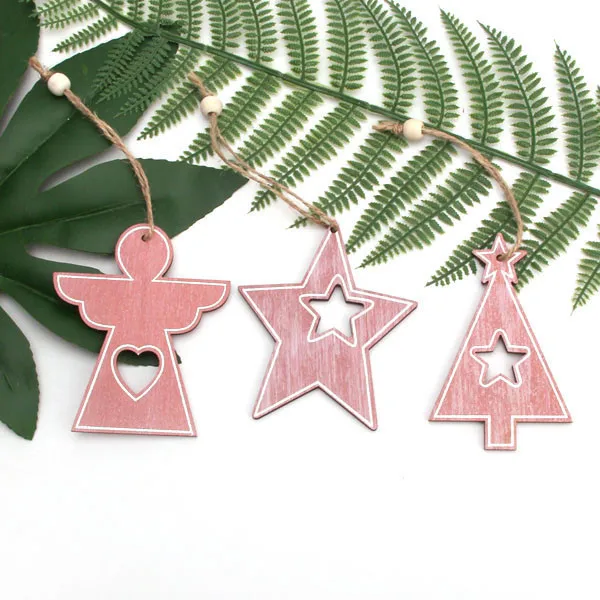 B Pink 3PCS/Lot Multi Wooden Christmas Ornaments Pendants DIY Wood Crafts Hanging Xmas Tree Ornament Home Christmas Party Decorations - Цвет: B Pink