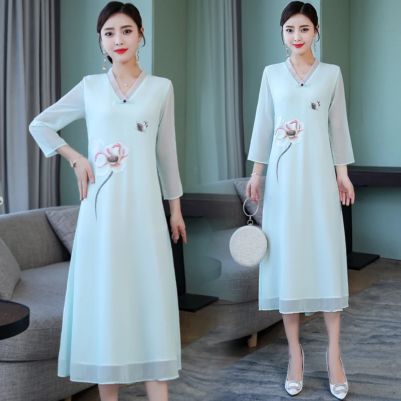 2019 Women Printed Chiffon Summer Fashion Dress Fit and Flare Elegant Natural Factors V-Neck Three Quarter Sleeve Female Dresses | Женская