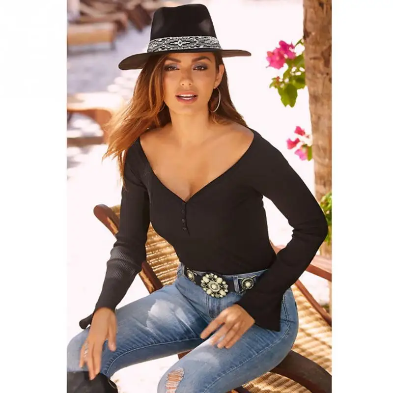 Демисезонный Для женщин футболки с длинным рукавом v-образным вырезом боты-вниз