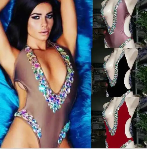 Летний слитный купальник в стиле v со стразами сексуальный купальный костюм 2017