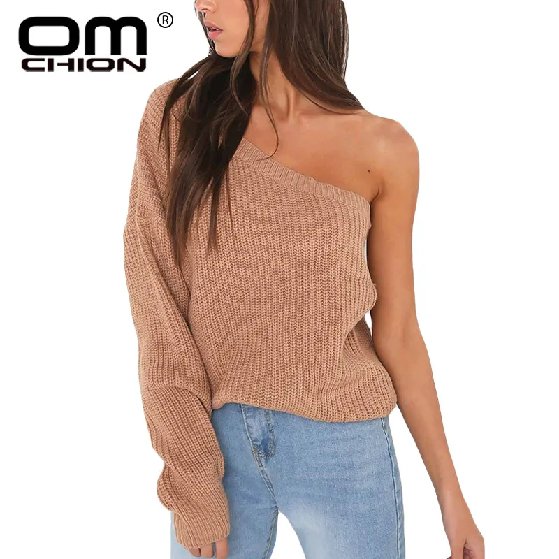 

OMCHION Irregular Neck One Shoulder Off Sexy Sweater 2018 Autumn Winter Solid Knit Women Pullover Streetwear New Jumper LMM203