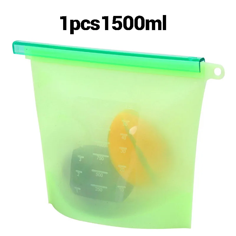 1pcs 1500ml Green Многоразовые силиконовые вакуумные пакеты для хранения продуктов, контейнеры для хранения фруктов, мяса, молока, пакет для холодильника Ziplock, кухонный Органайзер - Цвет: 1pcs 1500ml Green