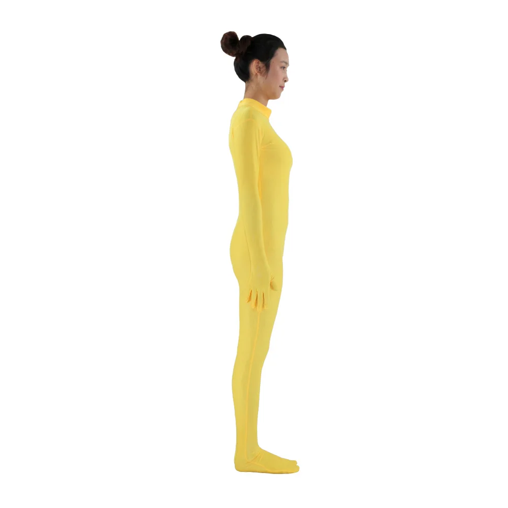 Желтый костюм для взрослых Zentai на заказ без капюшона с имитацией шеи из лайкры