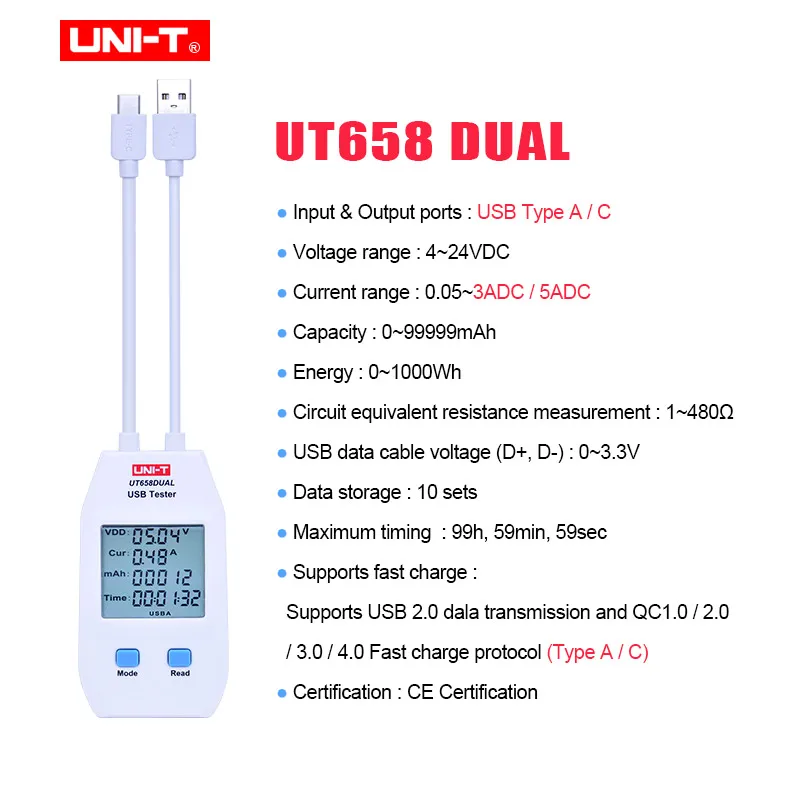 UT658DUAL UNI-T UT658 серия USB измеритель мощности и тестер USB-A и USB-C цифровой измеритель напряжения/тока/емкости/энергии/сопротивления - Цвет: UT658DUAL