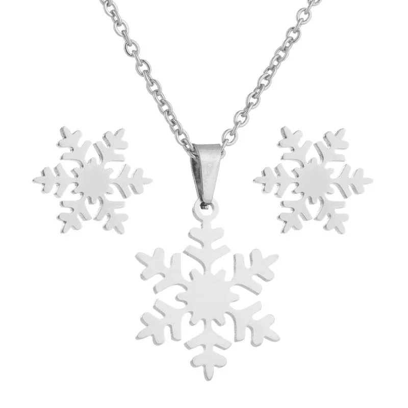 Silver Color Зимнее модное ожерелье с подвеской «Снежинка» и серьги-гвоздики комплекты украшений для женщин Новогодние рождественские украшения аксессуары - Окраска металла: Silver Color
