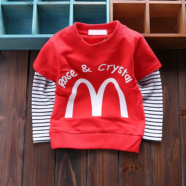 0-3T baby tees spring long-sleeved boys t shirts cartoon patchwork stripe kids tops letters children clothing cotton 669 |