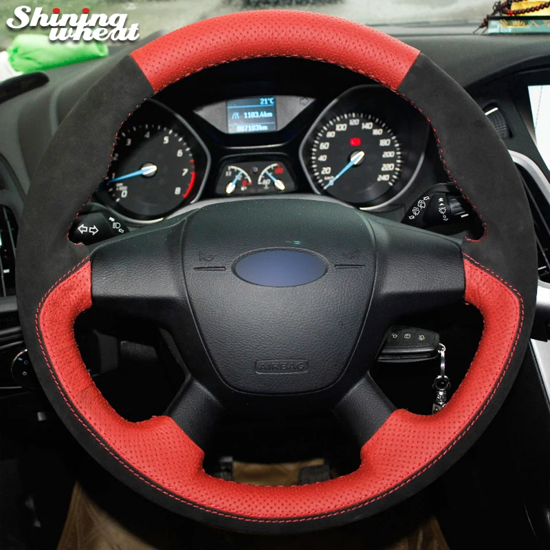 

BANNIS Black Suede Red Leather Car Steering Wheel Cover for Ford Focus 3 2012-2014 KUGA Escape 2013-2016 C-MAX 2011-2014