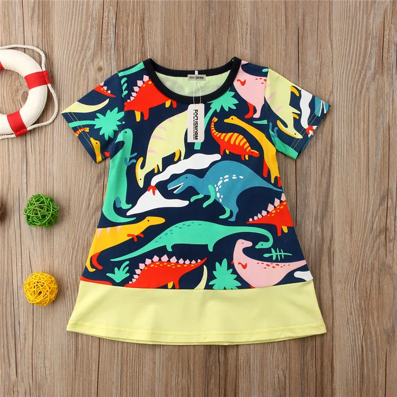 2018 Summer Cute Baby Kids Girls Dinosaur Print Princess Dress O-Neck Short Sleeve Costume 1-6T | Детская одежда и обувь