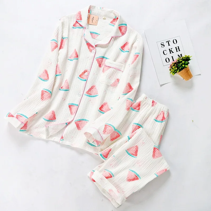 White Весенне-летний комплект свободных пижам для дам Ins Fresh style Женская одежда для сна удобная газовая хлопковая Домашняя одежда с рисунком арбуза - Цвет: White