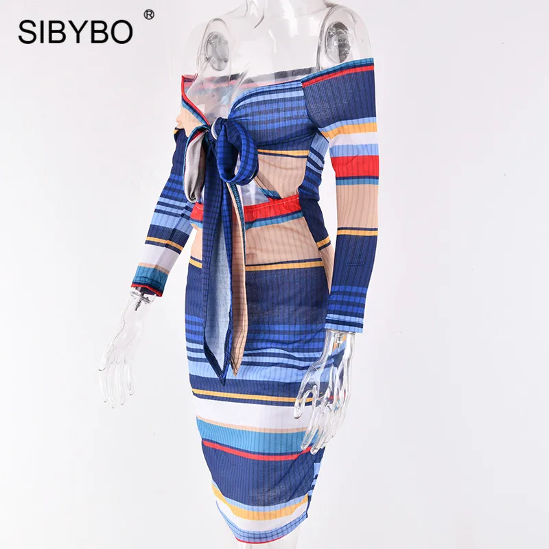 Sibybo платье в полоску, с открытыми плечами с принтом осеннее платье с длинными рукавами и отверстиями на верхнем слое Бандажное платье сексуальное женское платье с открытыми плечами, Bodycon Вечерние платья