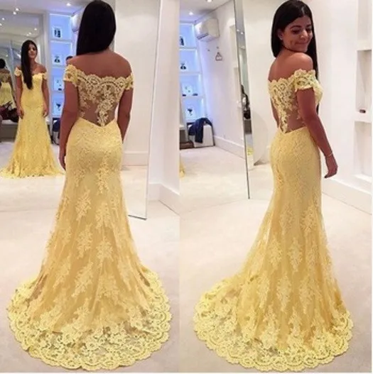 Женское вечернее платье русалка желтое с открытыми плечами без рукавов юбкой