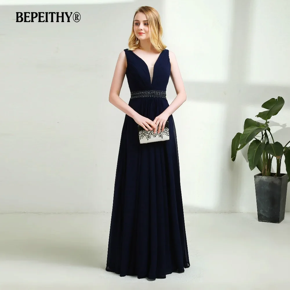 Сексуальное длинное шифоновое вечернее платье с открытой спиной темно синего