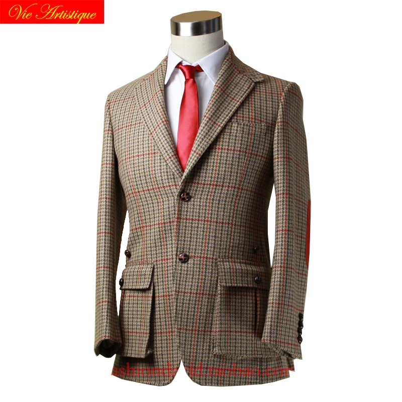 

custom tailor made suits 3 pieces jacket pant vest wool Men's groom tuxedos slim fit HARRIS TWEED HUNTER whales plaid lattice VA
