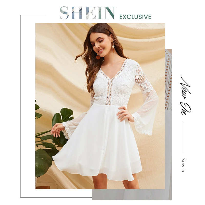 SHEIN Кружевное Платье С Сетчатыми Рукавами И Открытой Спинкой Женское Весеннее Сексуальное Платье С V-Образным Вырезом И Длинными Рукавами
