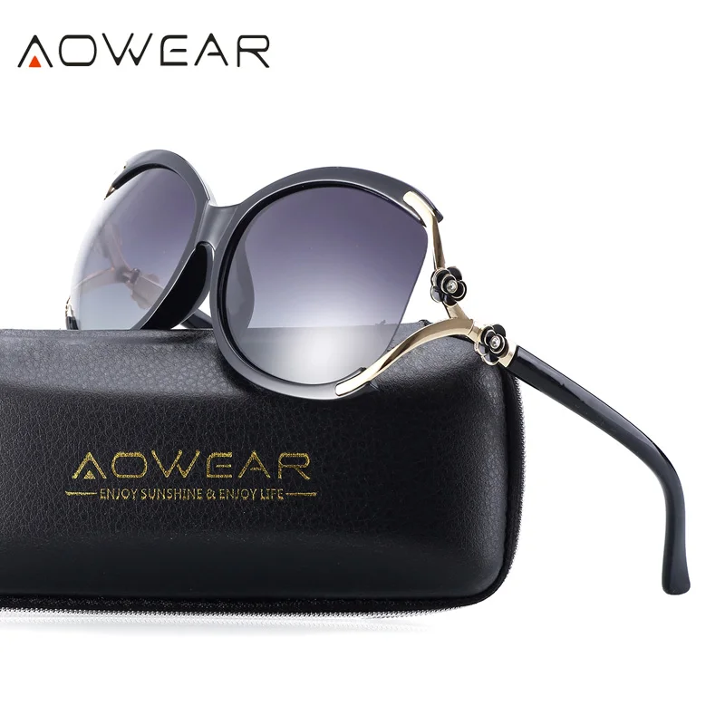 

AOWEAR Women Polarized Oval Sungalsses Luxury Camellia Flower Female Sun Glasses Flower Crystal Decoration Goggles oculos de sol