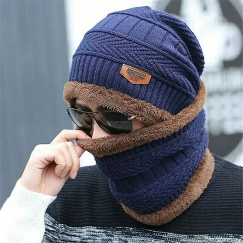 RUHAO Skullies Beanies 2pcs ski cap scarf cold warm leather winter hat for women men Knitted hat Bonnet Warm Cap